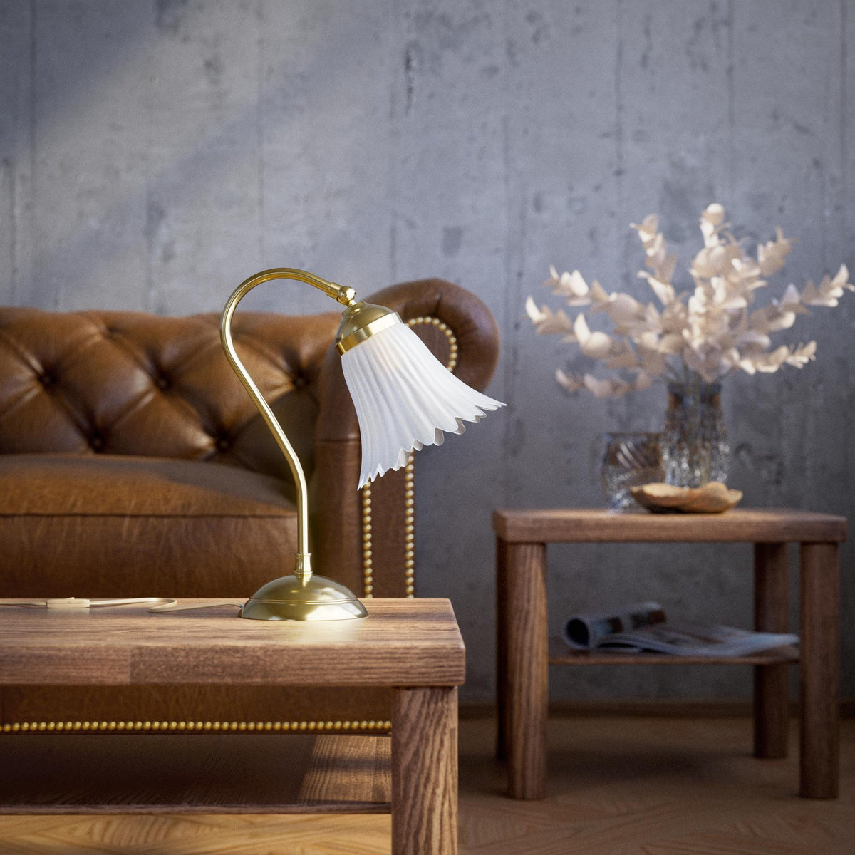 Table lamp with adjustable brass arm and wavy frosted glass shade, round base, classic Italian design by Ghidini 1849 - Finish: OLV Polished Brass