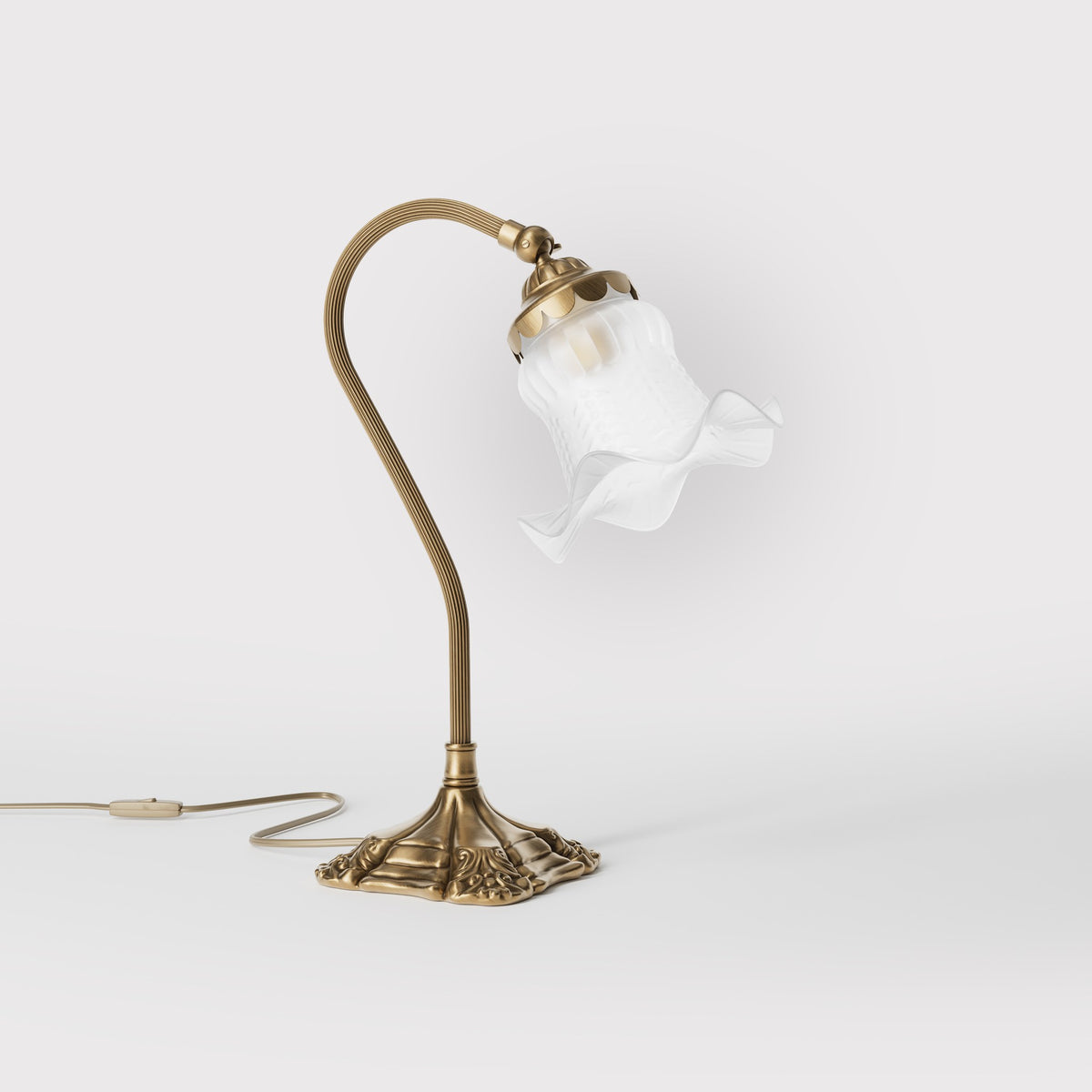 Baroque table lamp with frosted glass shade, brass base richly decorated with volutes, Italian design by Ghidini 1849 - Finish: OBS Bronze Satin Brass