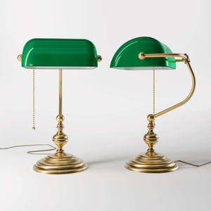 Retro Bankers Lamp Real Brass Green Glass Shade | Ghidini 1849