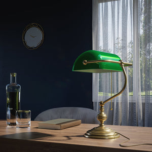 Retro Bankers Lamp Real Brass Green Glass Shade | Ghidini 1849