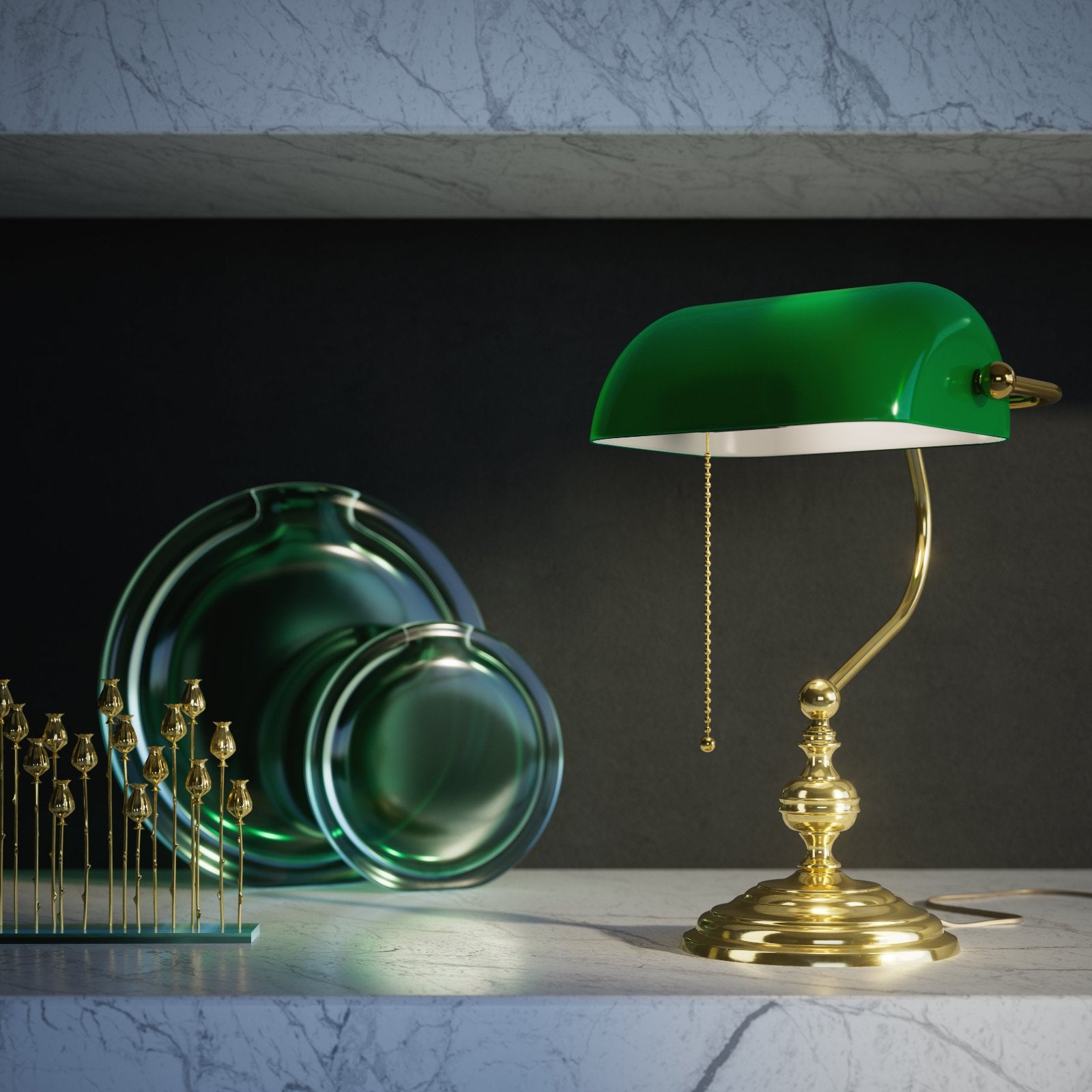 Retro Bankers Lamp Real Brass Green Glass Shade | Ghidini 1849