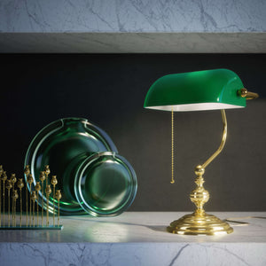 Retro Bankers Lamp Real Brass Green Glass Shade | Ghidini 1849