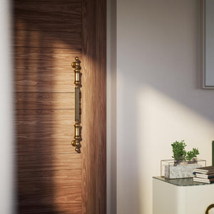 Neoclassical brass pull handle with fluted details, ideal for interior and exterior doors by Ghidini 1849 - Finish: OBS Bronze Satin Brass