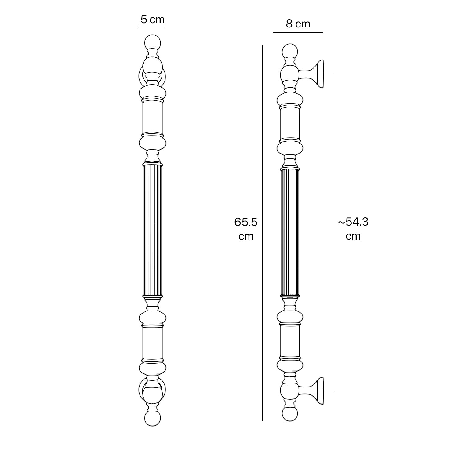 Neoclassical brass pull handle with fluted details, ideal for interior and exterior doors by Ghidini 1849