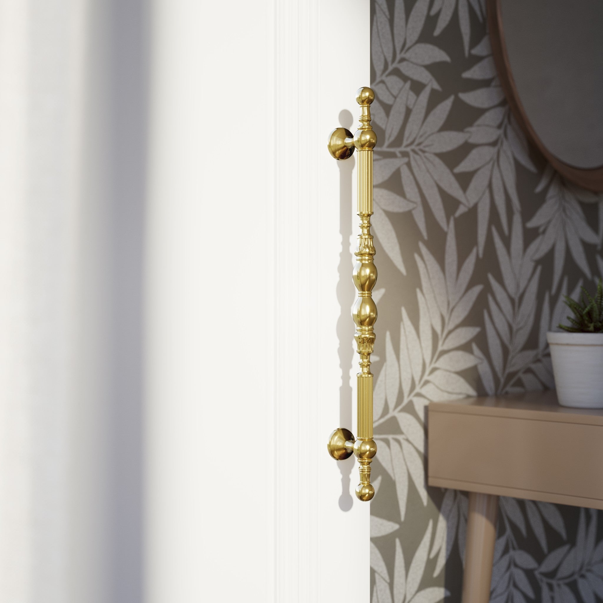 Brass pull handle with sculpted details and neoclassical design, ideal for prestigious doors by Ghidini 1849 - Finish: OLV Polished Brass