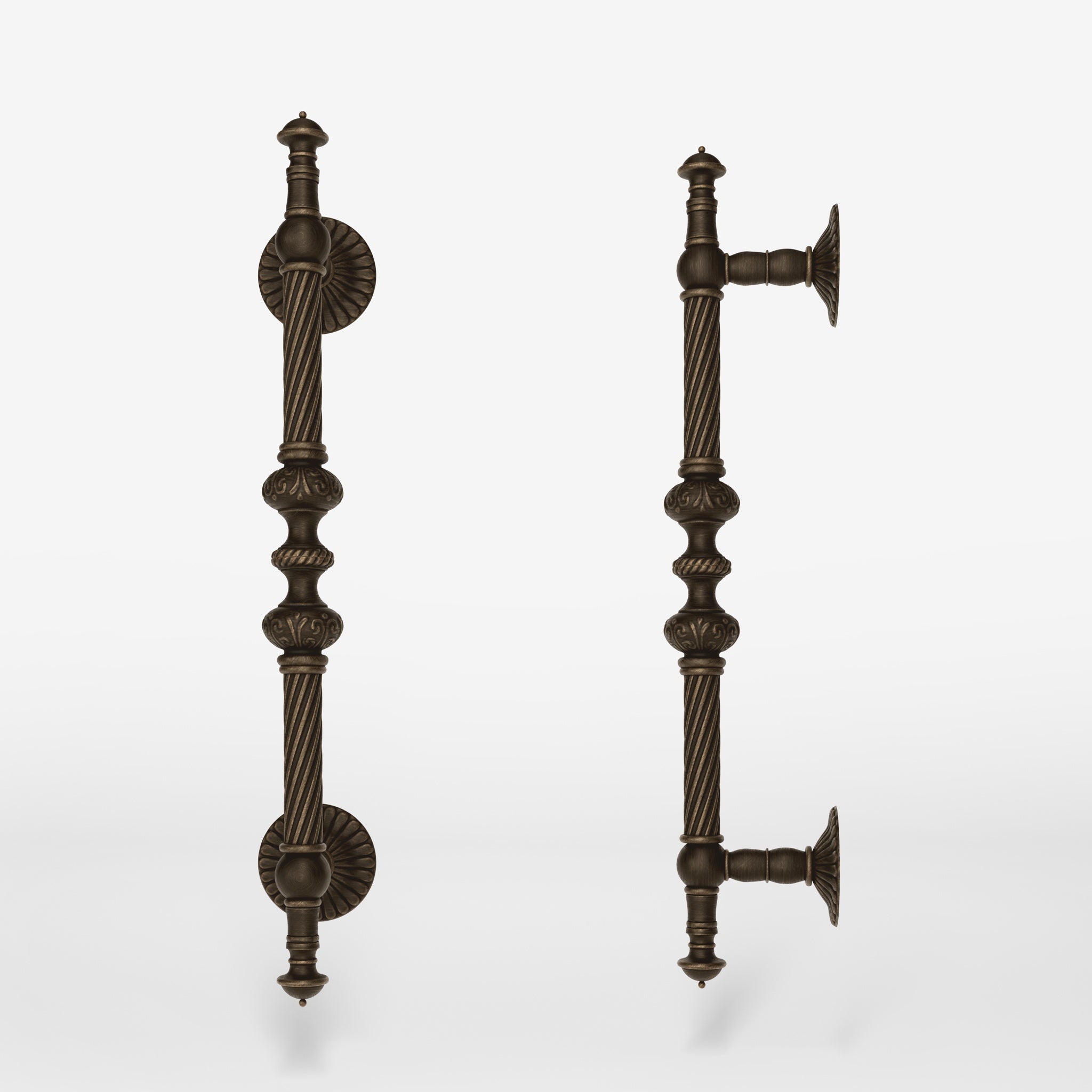 Brass pull handle with Baroque engravings and intricate details, ideal for luxury doors by Ghidini 1849 - Finish: OBM Bronze Satin Matt Brass