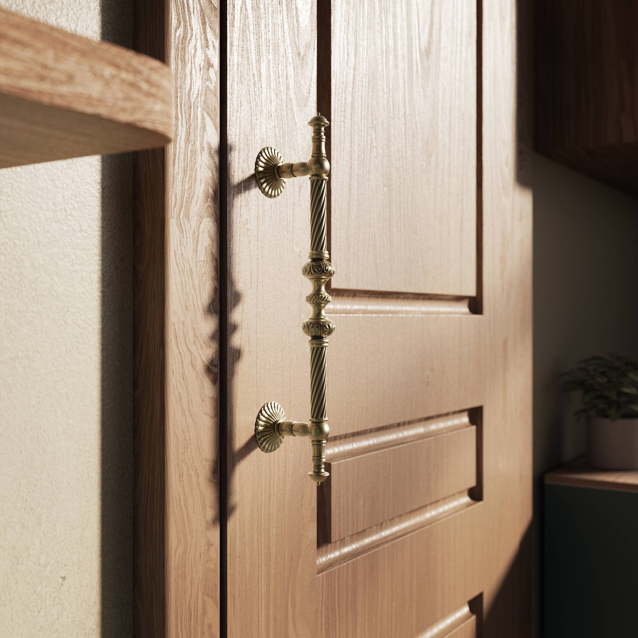 Brass pull handle with Baroque engravings and intricate details, ideal for luxury doors by Ghidini 1849 - Finish: OBV Bronze Satin Light Brass