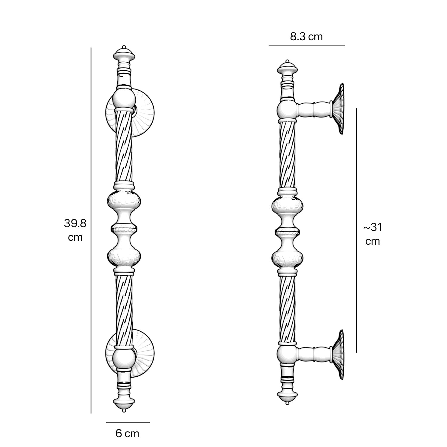 Brass pull handle with Baroque engravings and intricate details, ideal for luxury doors by Ghidini 1849