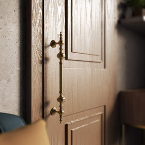 Brass pull handle with sculpted details and elegant proportions, ideal for refined doors by Ghidini 1849 - Finish: OBS Bronze Satin Brass