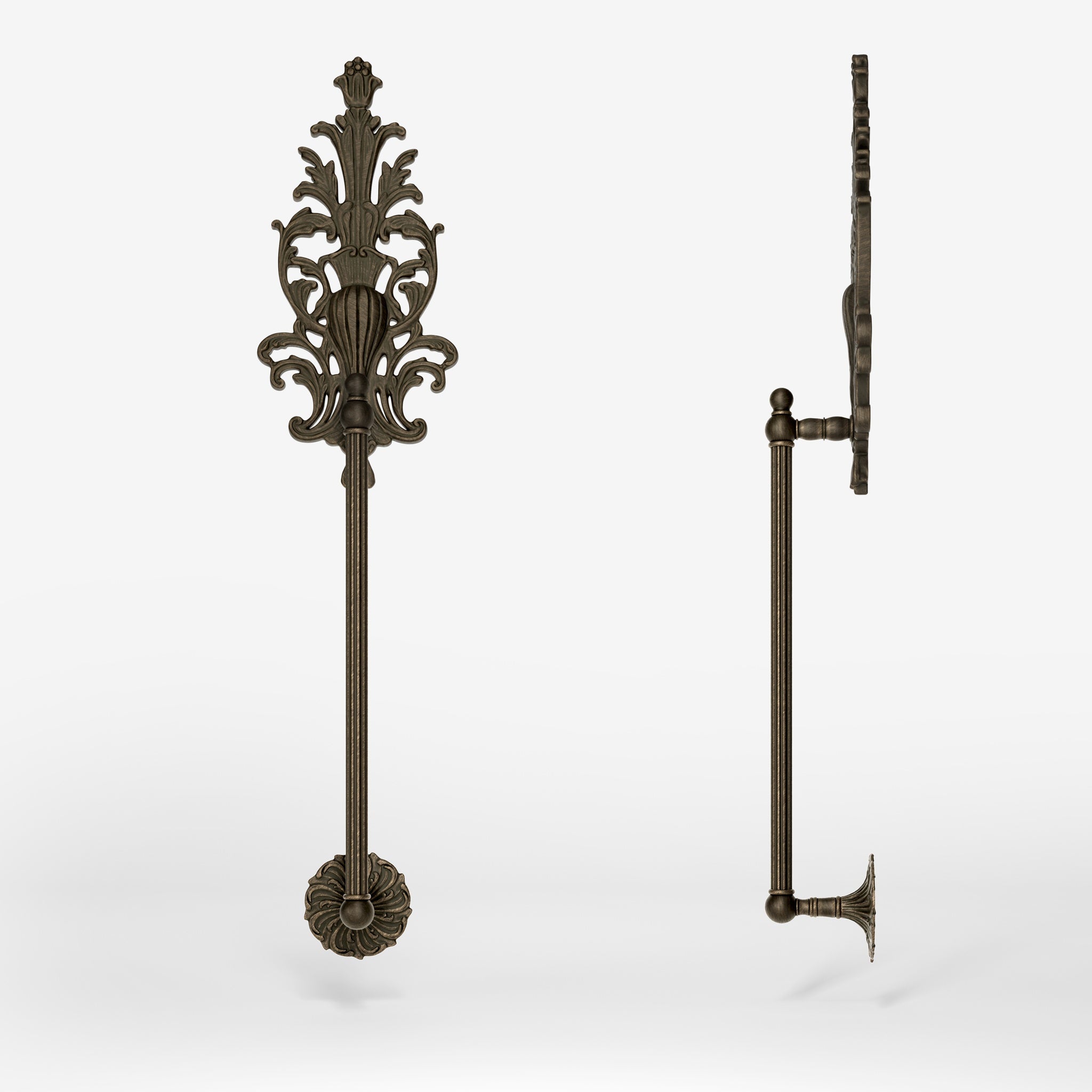 Brass pull handle with floral engravings and decorative details, perfect for luxury entrances by Ghidini 1849 - Finish: OAS Antique Brass