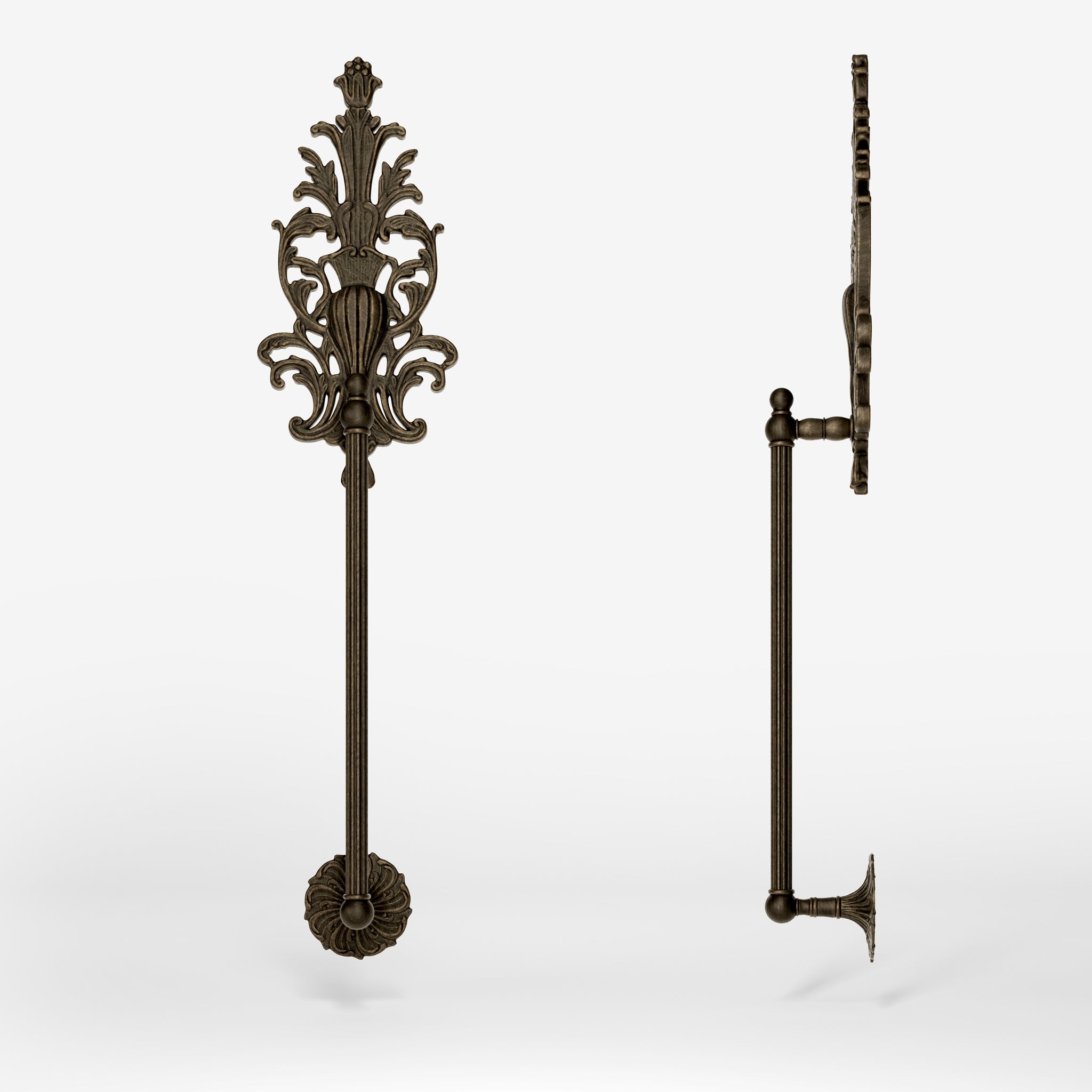 Brass pull handle with floral engravings and decorative details, perfect for luxury entrances by Ghidini 1849 - Finish: OBM Bronze Satin Matt Brass