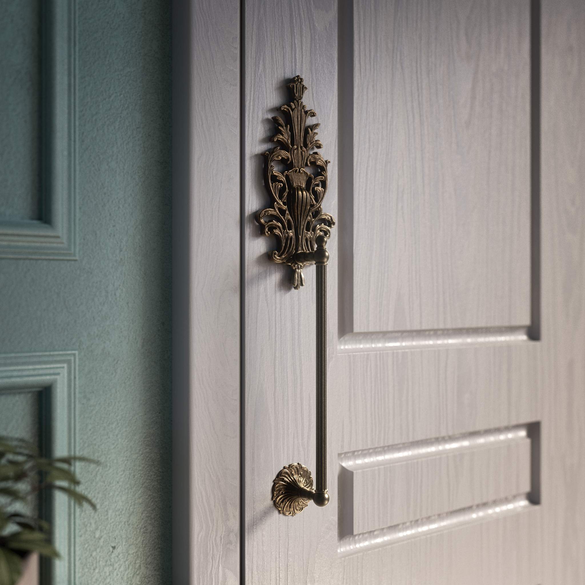 Brass pull handle with floral engravings and decorative details, perfect for luxury entrances by Ghidini 1849 - Finish: OBM Bronze Satin Matt Brass