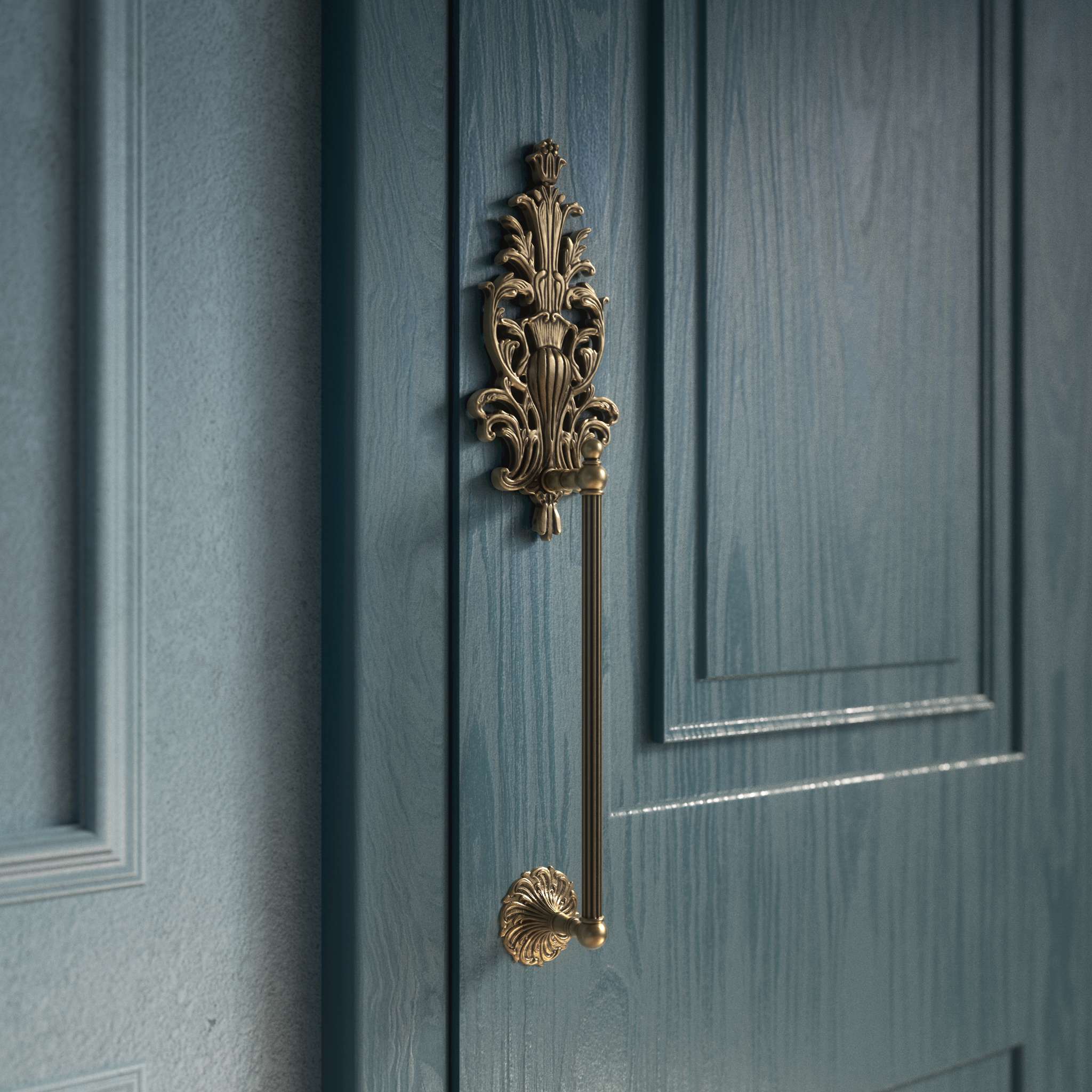 Brass pull handle with floral engravings and decorative details, perfect for luxury entrances by Ghidini 1849 - Finish: OBS Bronze Satin Brass