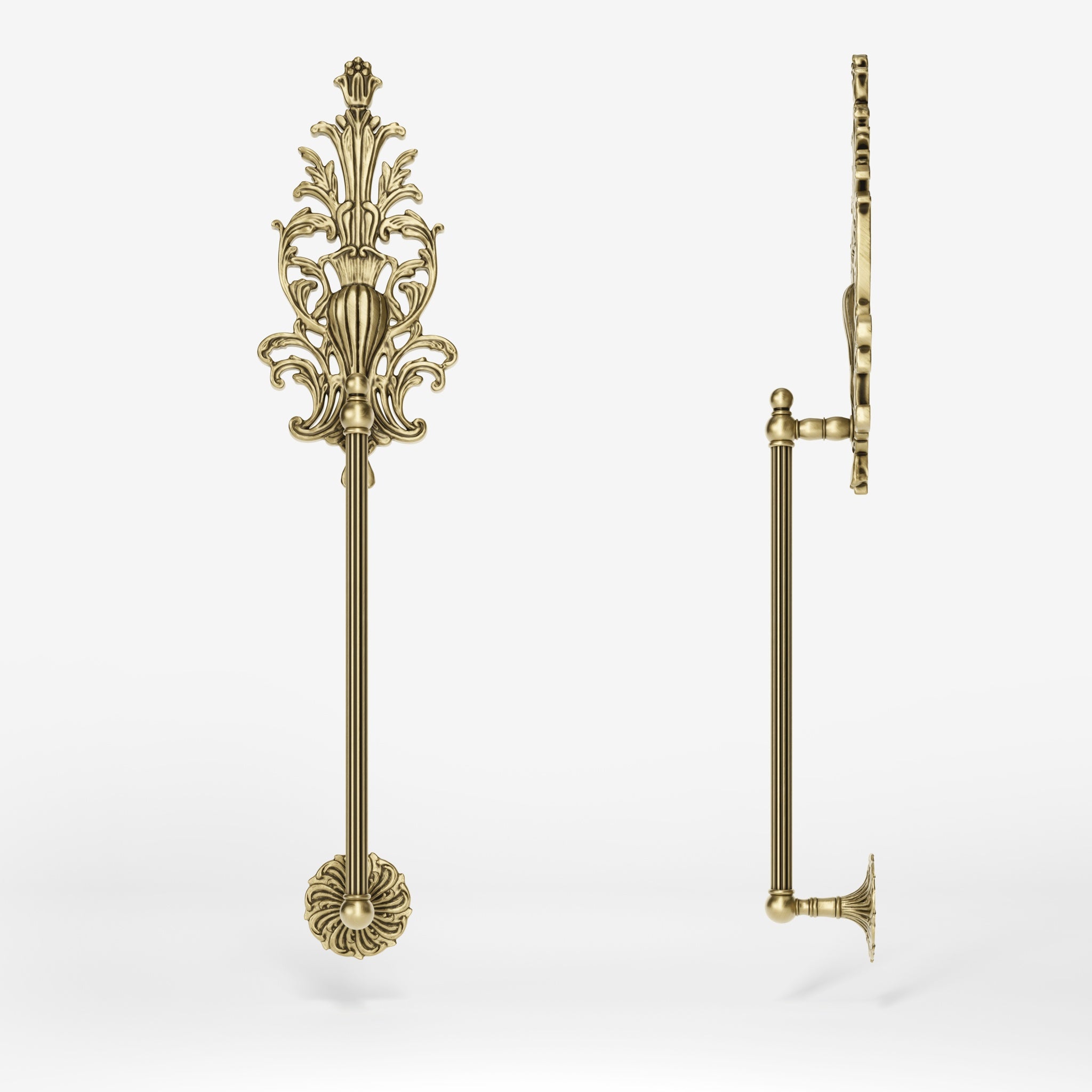 Brass pull handle with floral engravings and decorative details, perfect for luxury entrances by Ghidini 1849 - Finish: OBV Bronze Satin Light Brass