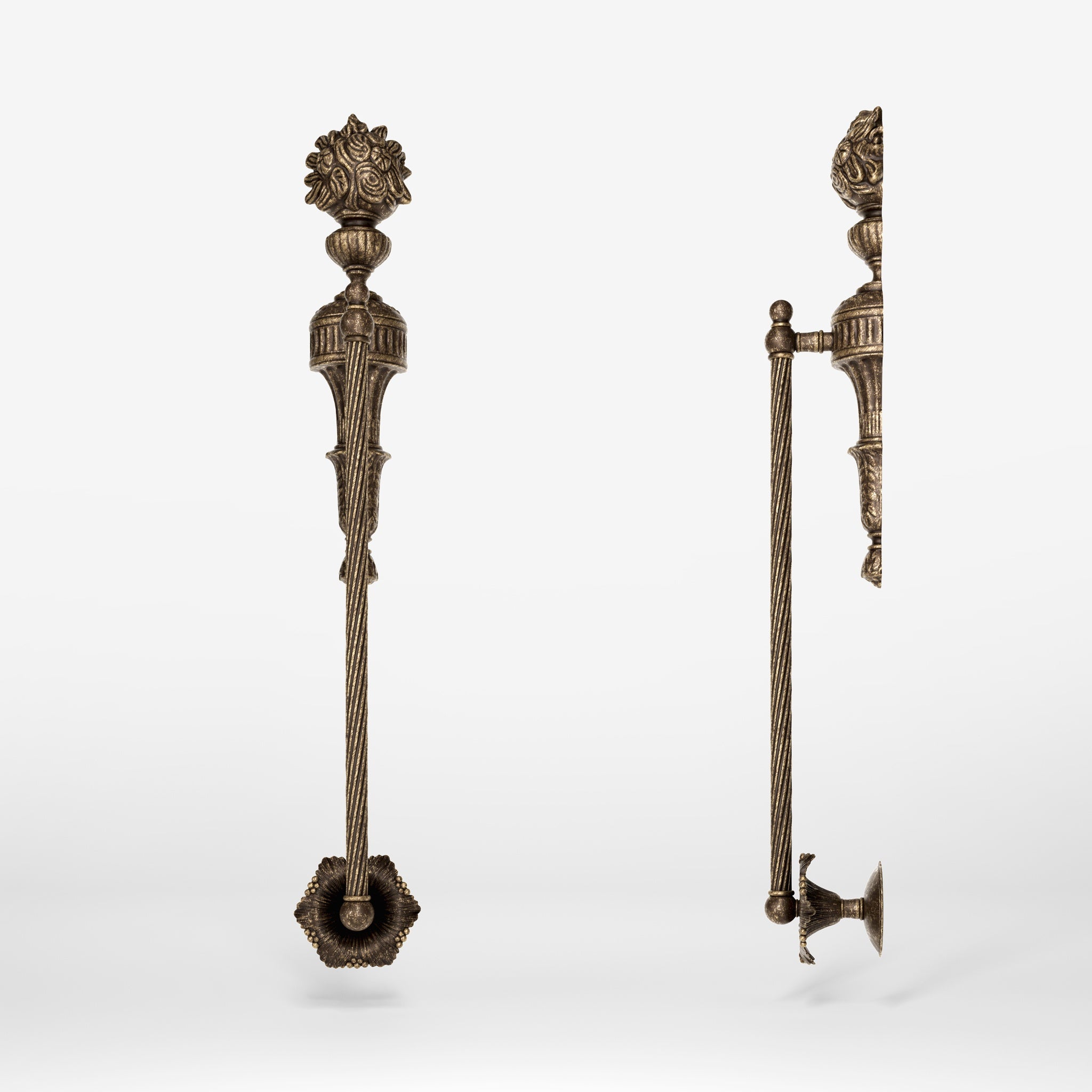 Brass pull handle with floral motif and twisted rod, ideal for luxury entrances and refined interiors by Ghidini 1849 - Finish: OAS Antique Brass