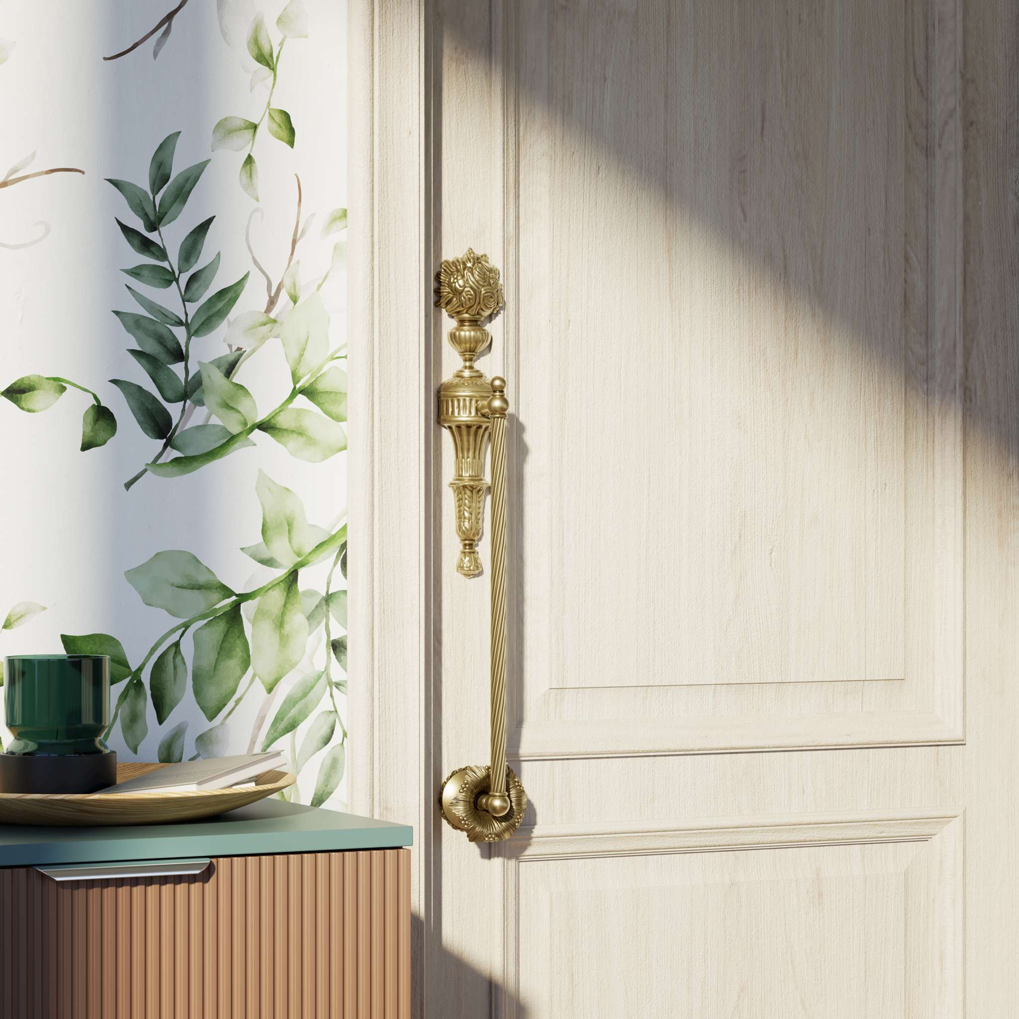 Brass pull handle with floral motif and twisted rod, ideal for luxury entrances and refined interiors by Ghidini 1849 - Finish: OBV Bronze Satin Light Brass