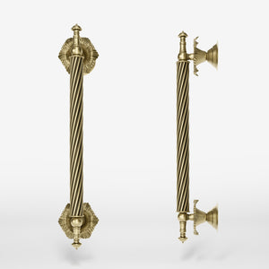 Brass pull handle with corded shaft and decorative details, perfect for luxury doors and elegant entrances by Ghidini 1849 - Finish: OBV Bronze Satin Light Brass