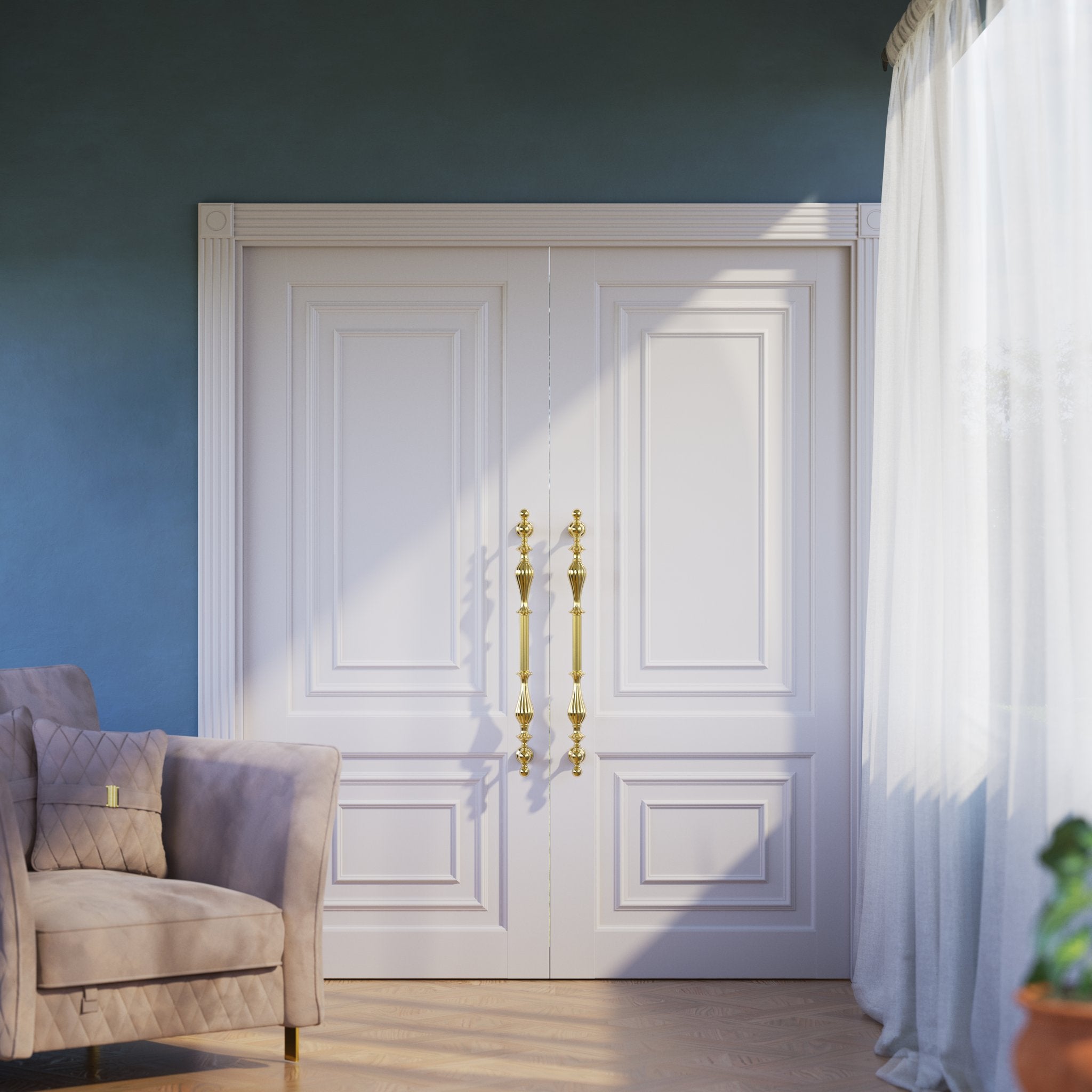 Brass pull handle with refined lines and sculpted details, suitable for single or bilateral installation on classic doors by Ghidini 1849 - Finish: OLV Polished Brass