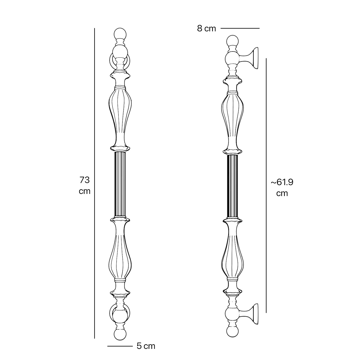 Brass pull handle with refined lines and sculpted details, suitable for single or bilateral installation on classic doors by Ghidini 1849