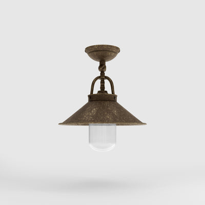 Rustic outdoor ceiling lamp in brass with 90-degree joint conical shade and transparent glass diffuser Giada collection by Ghidini 1849 - Finish: OAS Antique Brass