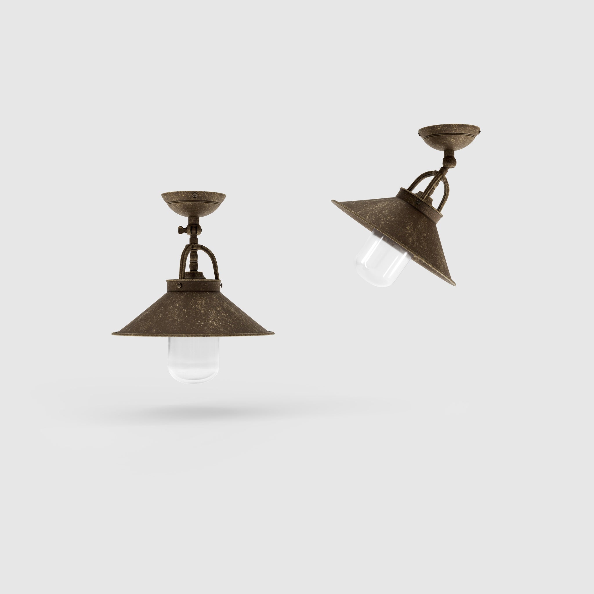 Rustic outdoor ceiling lamp in brass with 90-degree joint conical shade and transparent glass diffuser Giada collection by Ghidini 1849 - Finish: OAS Antique Brass