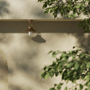 Rustic outdoor ceiling lamp in brass with 90-degree joint conical shade and transparent glass diffuser Giada collection by Ghidini 1849 - Finish: OAS Antique Brass
