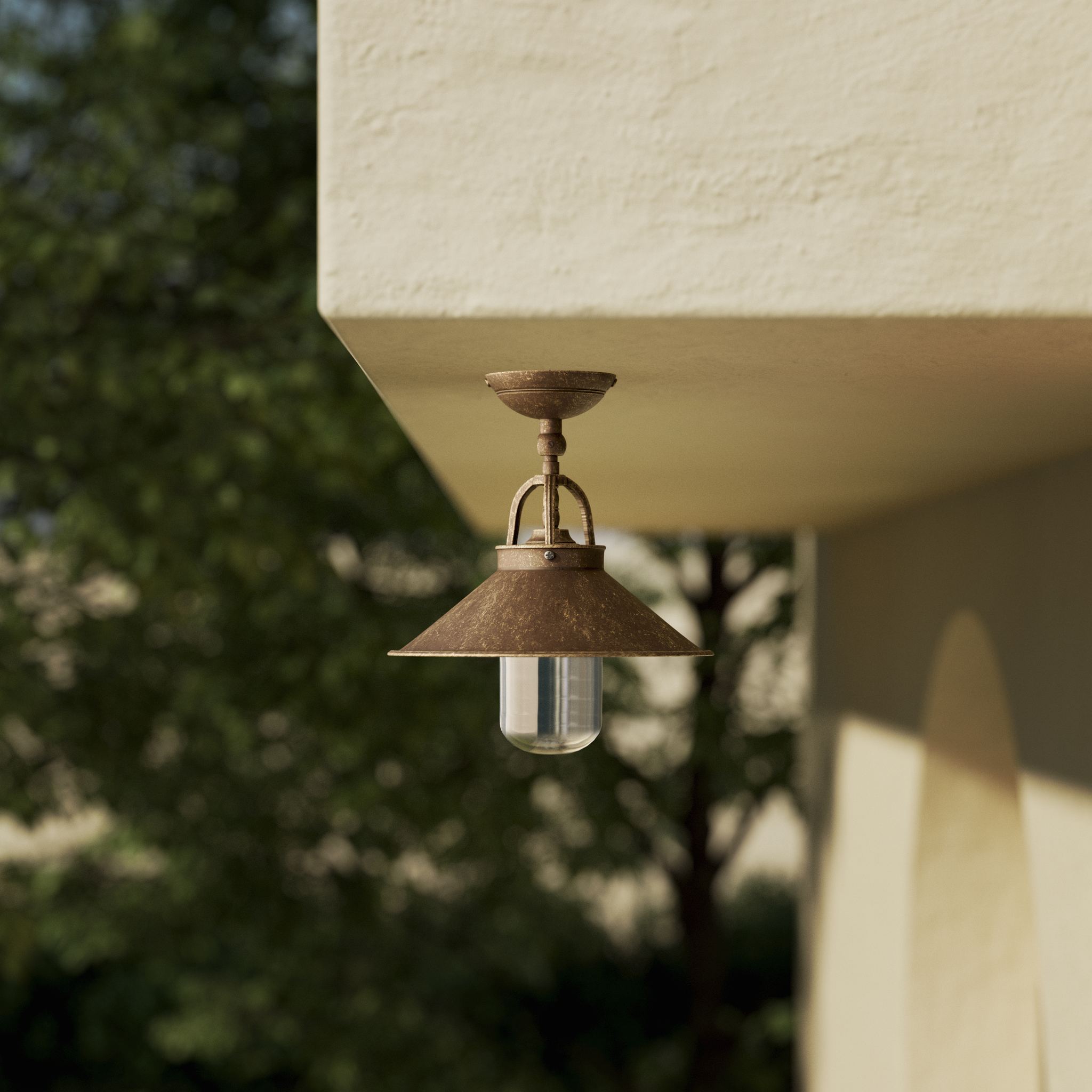Rustic outdoor ceiling lamp in brass with 90-degree joint conical shade and transparent glass diffuser Giada collection by Ghidini 1849 - Finish: OAS Antique Brass