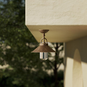 Rustic outdoor ceiling lamp in brass with 90-degree joint conical shade and transparent glass diffuser Giada collection by Ghidini 1849 - Finish: OAS Antique Brass
