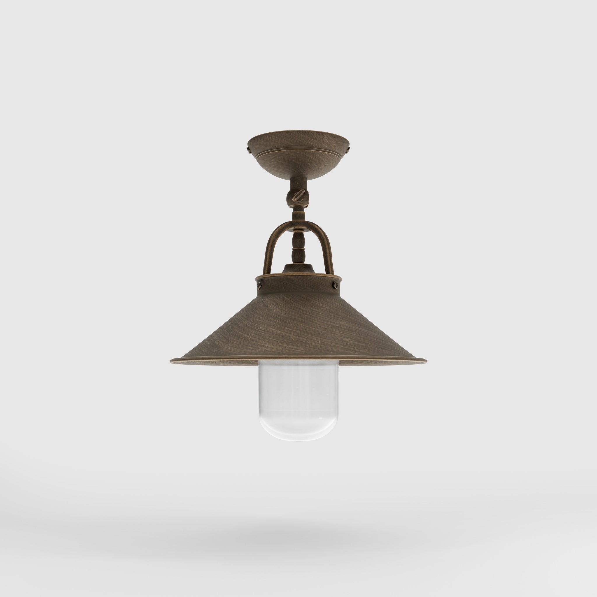Rustic outdoor ceiling lamp in brass with 90-degree joint conical shade and transparent glass diffuser Giada collection by Ghidini 1849 - Finish: OBM Bronze Satin Matt Brass