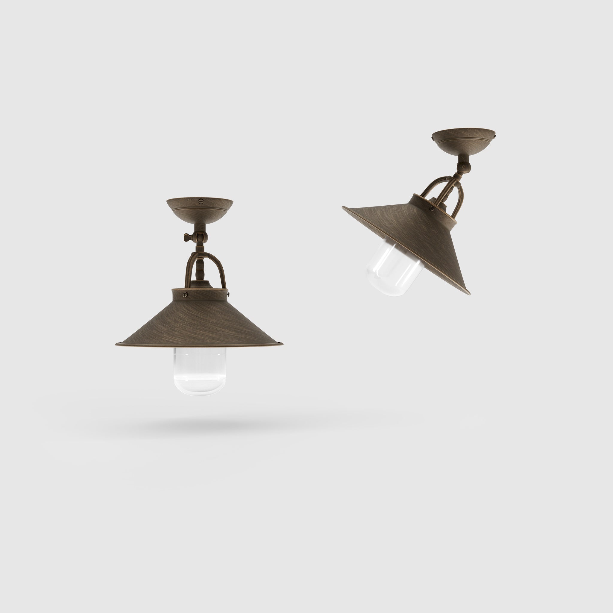 Rustic outdoor ceiling lamp in brass with 90-degree joint conical shade and transparent glass diffuser Giada collection by Ghidini 1849 - Finish: OBM Bronze Satin Matt Brass