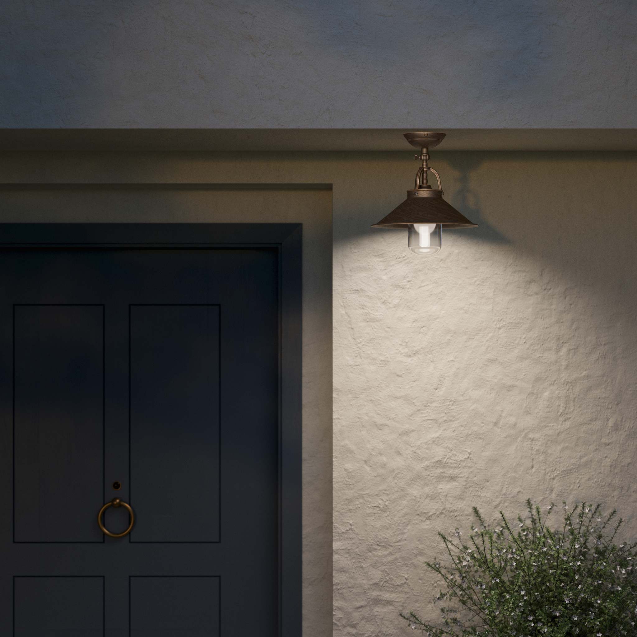 Rustic outdoor ceiling lamp in brass with 90-degree joint conical shade and transparent glass diffuser Giada collection by Ghidini 1849 - Finish: OBM Bronze Satin Matt Brass