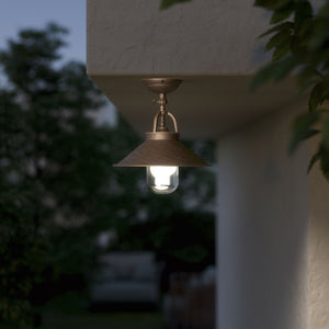 Rustic outdoor ceiling lamp in brass with 90-degree joint conical shade and transparent glass diffuser Giada collection by Ghidini 1849 - Finish: OBM Bronze Satin Matt Brass