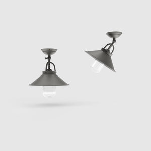 Rustic outdoor ceiling lamp in brass with 90-degree joint conical shade and transparent glass diffuser Giada collection by Ghidini 1849 - Finish: OBR Dark Bronze