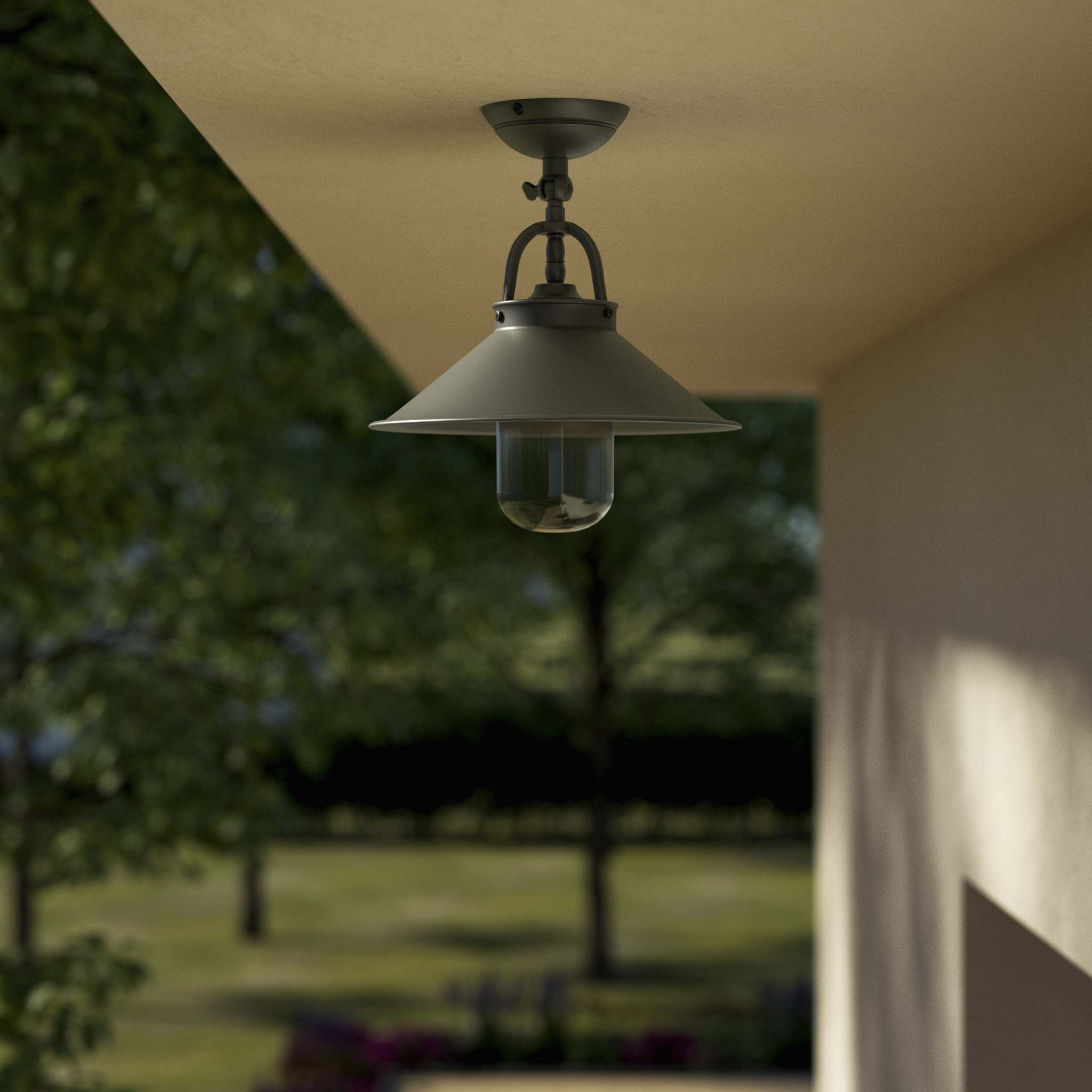 Rustic outdoor ceiling lamp in brass with 90-degree joint conical shade and transparent glass diffuser Giada collection by Ghidini 1849 - Finish: OBR Dark Bronze
