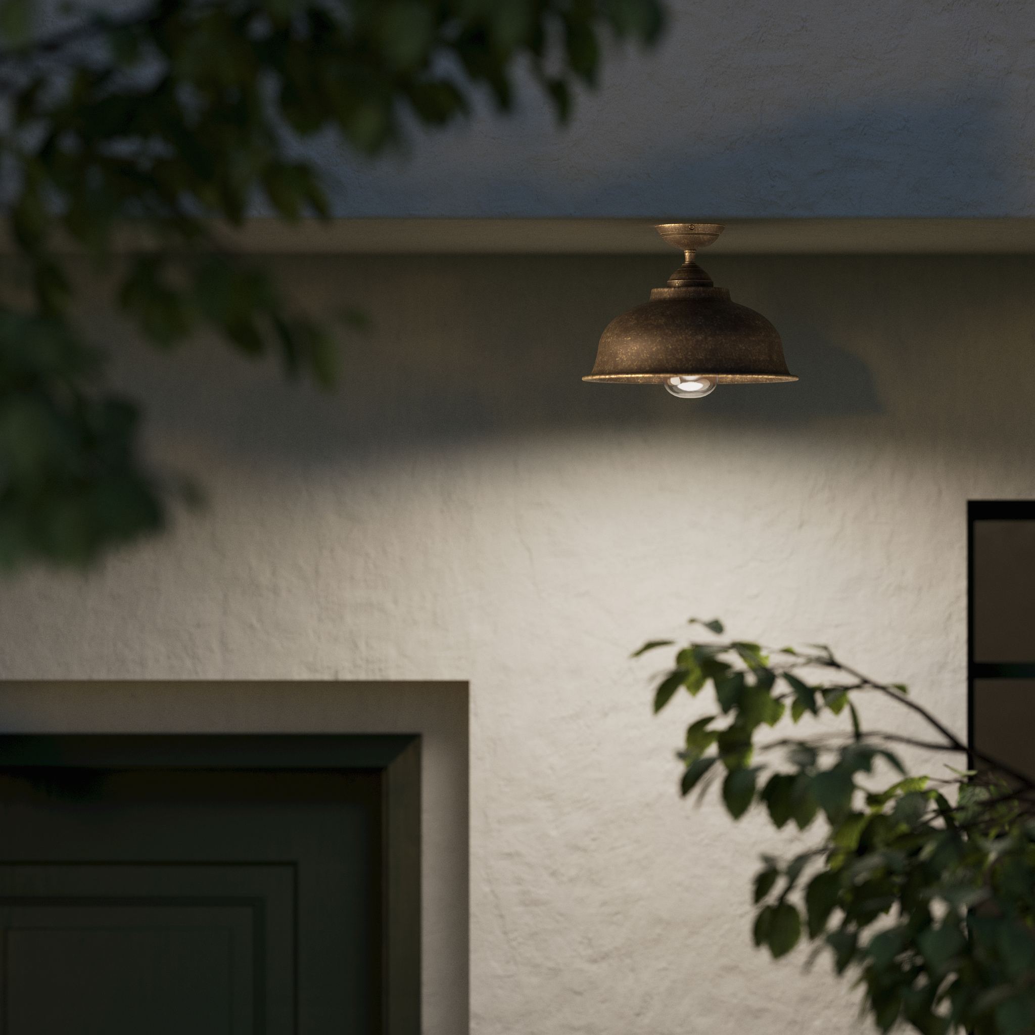 Vintage brass and glass ceiling light with curved shade, outdoor lighting by Ghidini 1849 - Finish: OAS Antique Brass