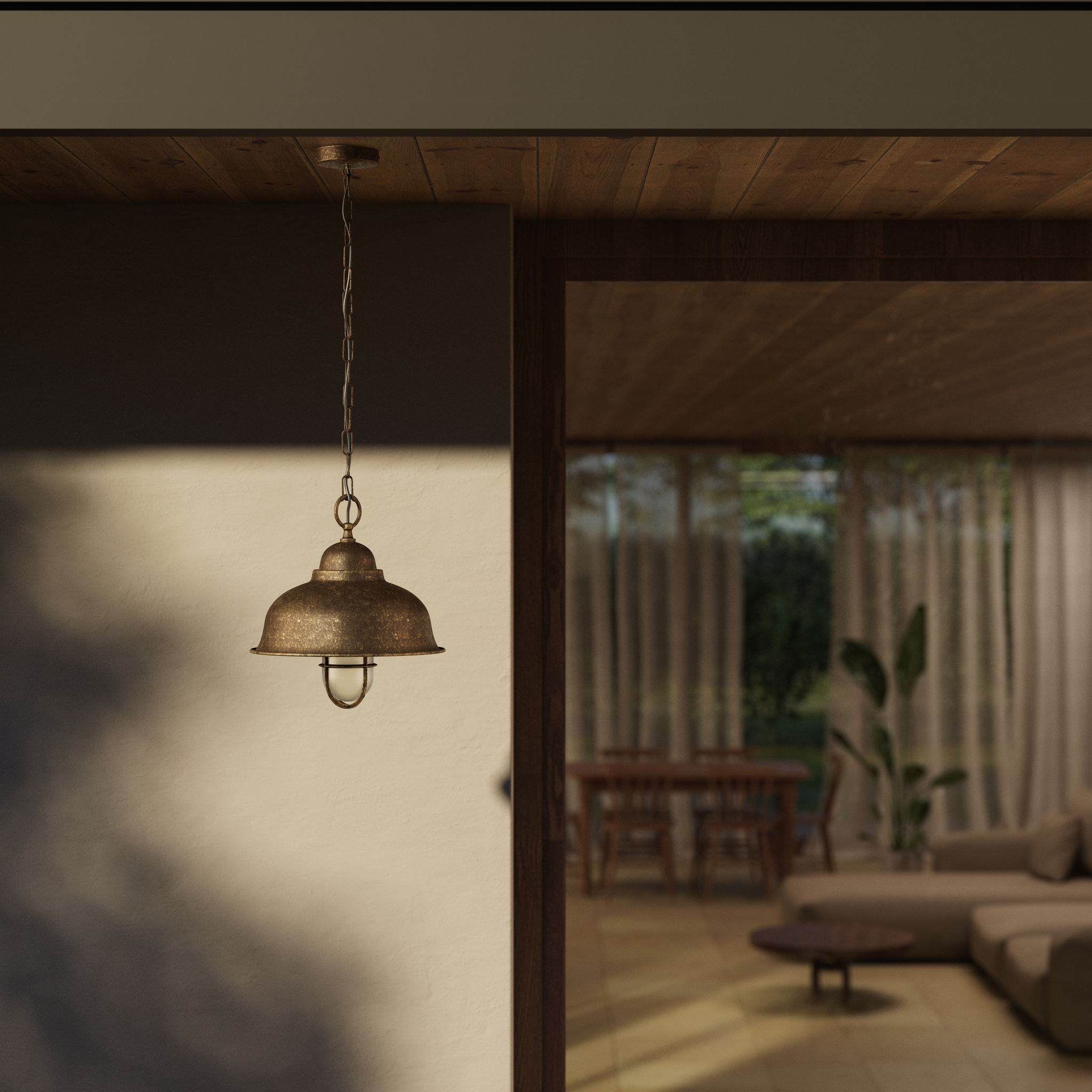 Nautical brass pendant light for outdoor spaces with caged glass by Ghidini 1849 - Finish: OAS Antique Brass