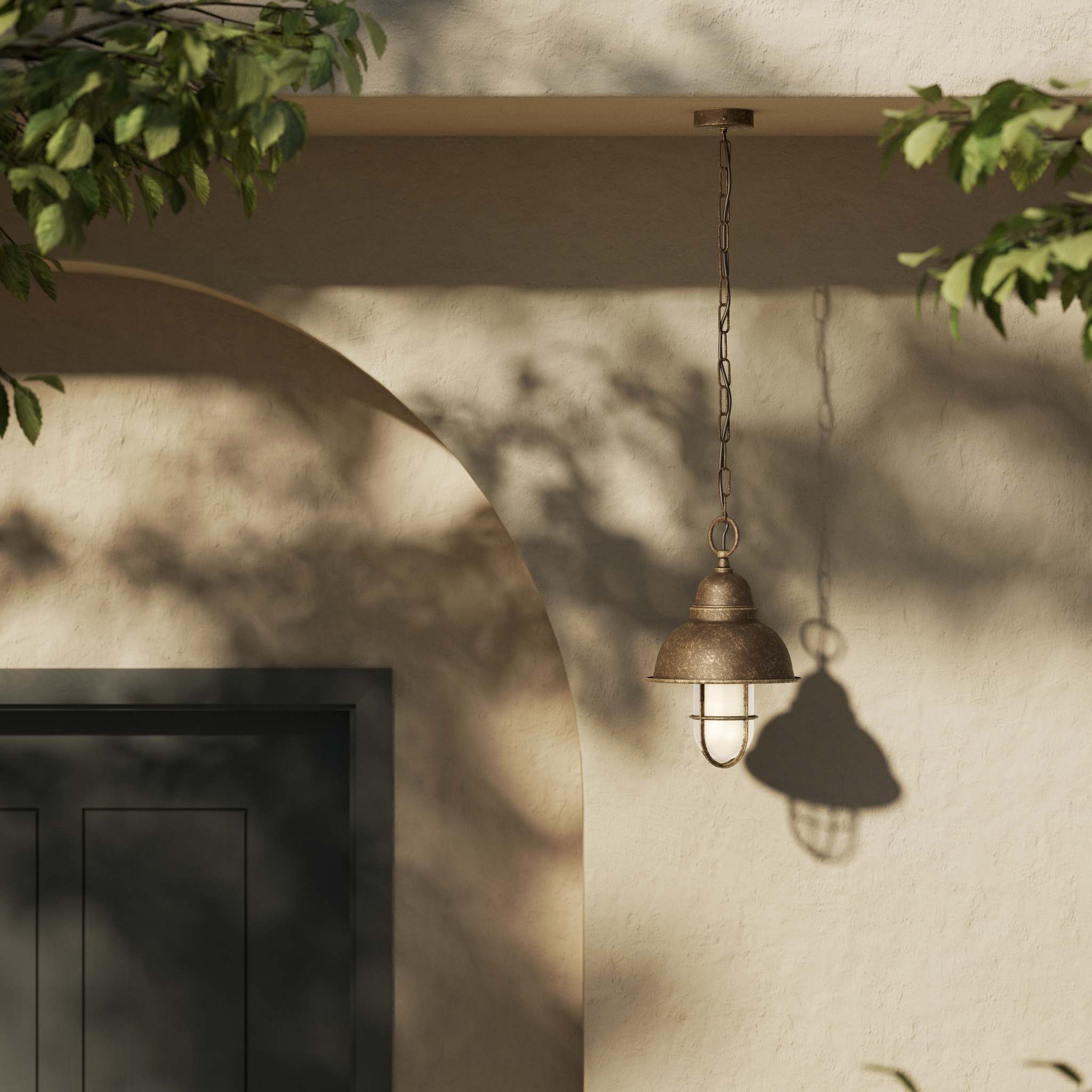Industrial brass pendant light for outdoor spaces with caged glass by Ghidini 1849 - Finish: OAS Antique Brass