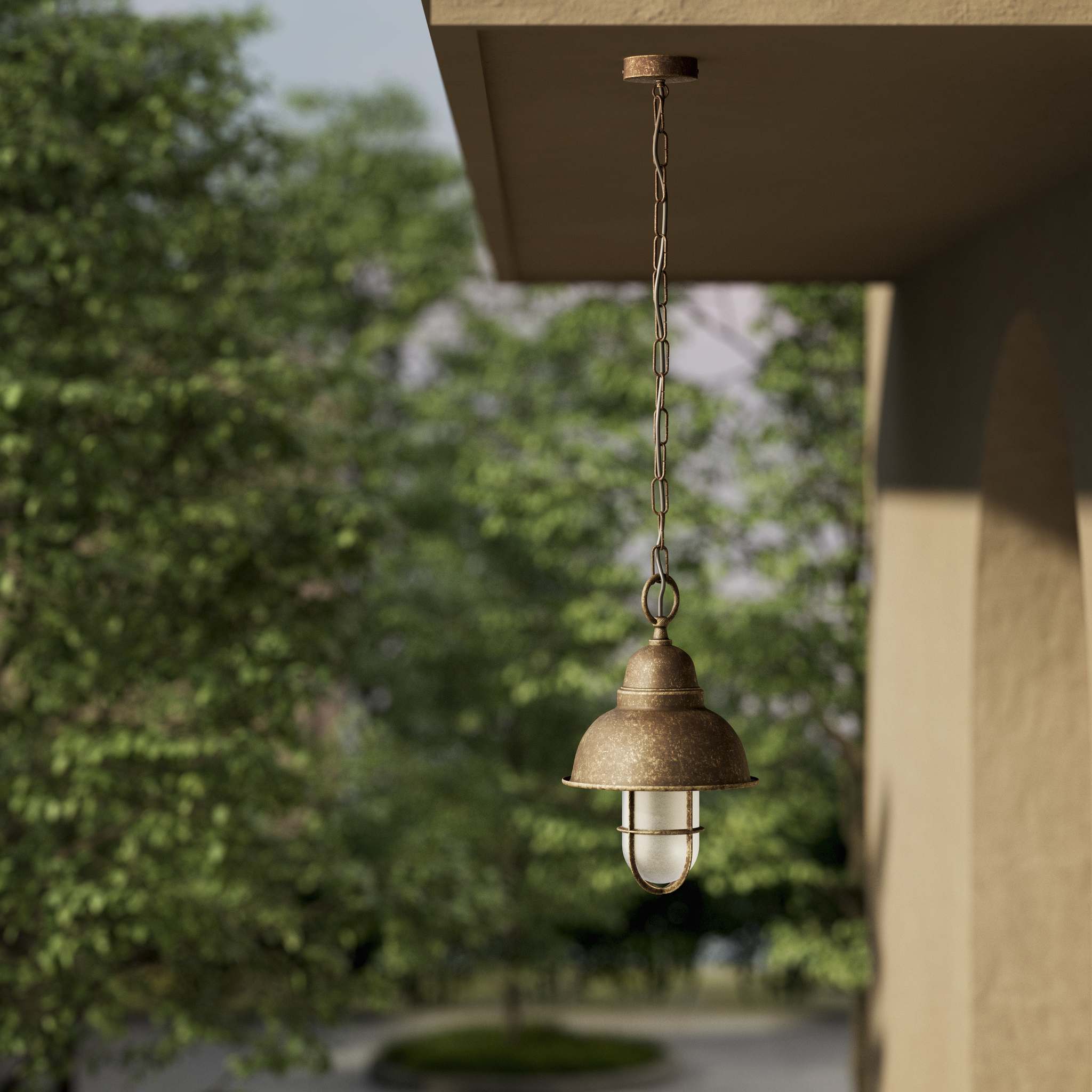 Industrial brass pendant light for outdoor spaces with caged glass by Ghidini 1849 - Finish: OAS Antique Brass