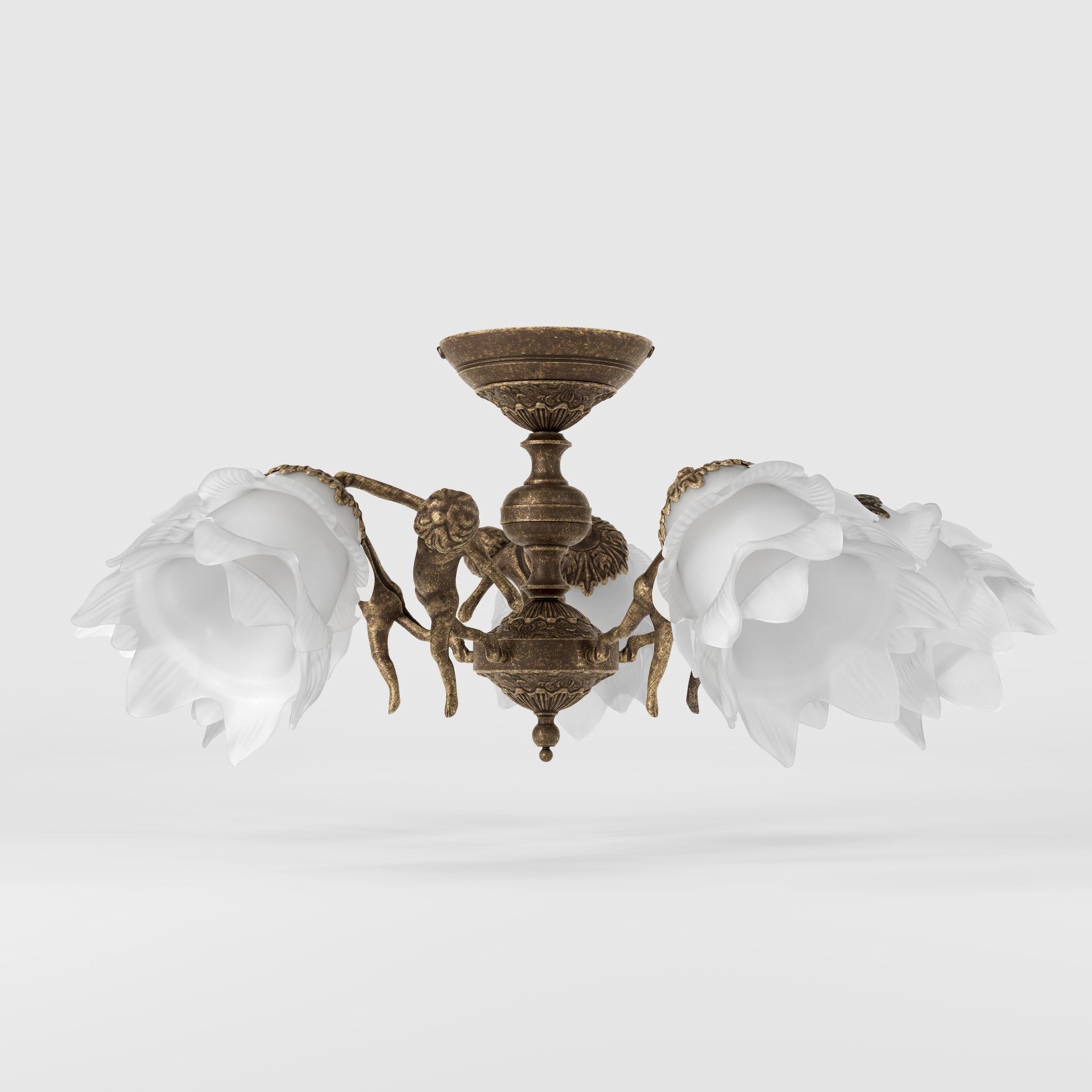 Classic ceiling lamp with brass putti and five petal-shaped frosted glass shades, rosette decorated with floral motifs by Ghidini 1849 - Finish: OAS Antique Brass