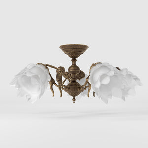 Classic ceiling lamp with brass putti and five petal-shaped frosted glass shades, rosette decorated with floral motifs by Ghidini 1849 - Finish: OAS Antique Brass