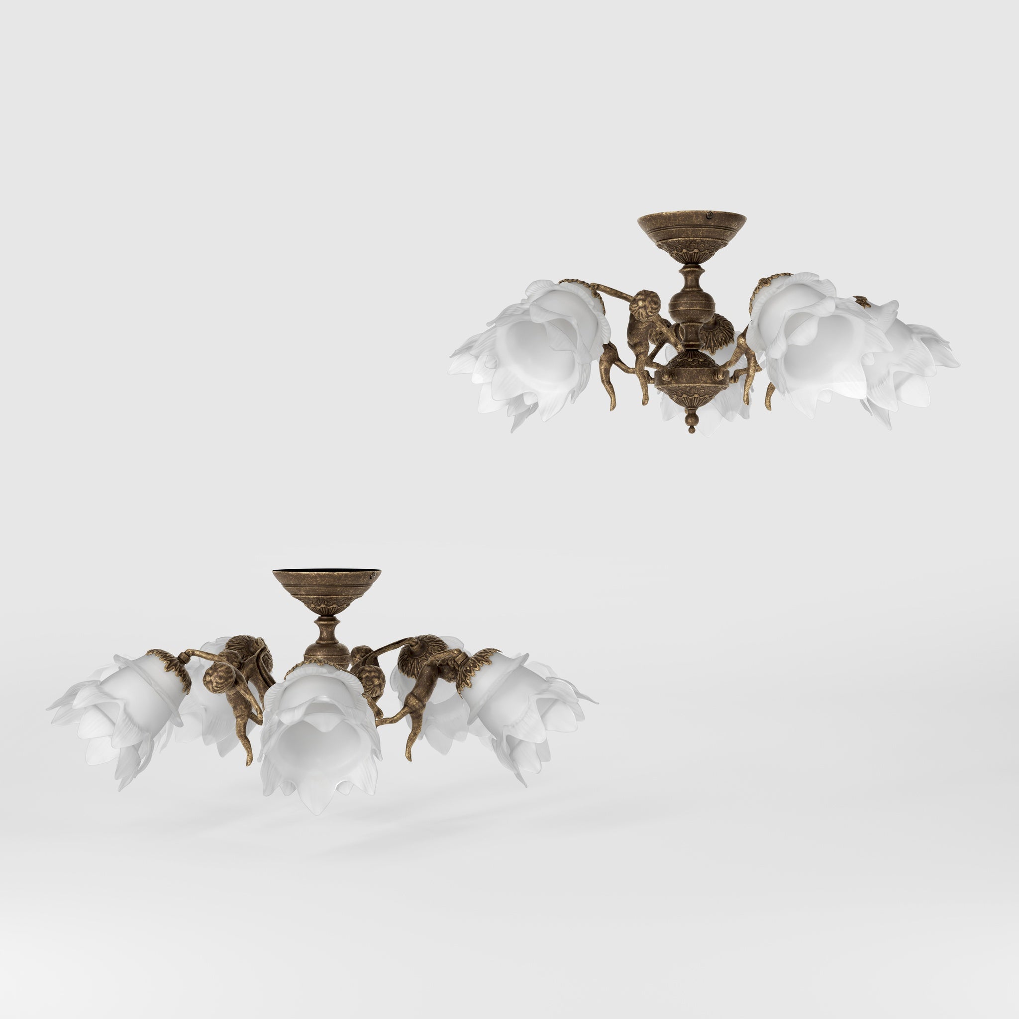 Classic ceiling lamp with brass putti and five petal-shaped frosted glass shades, rosette decorated with floral motifs by Ghidini 1849 - Finish: OAS Antique Brass