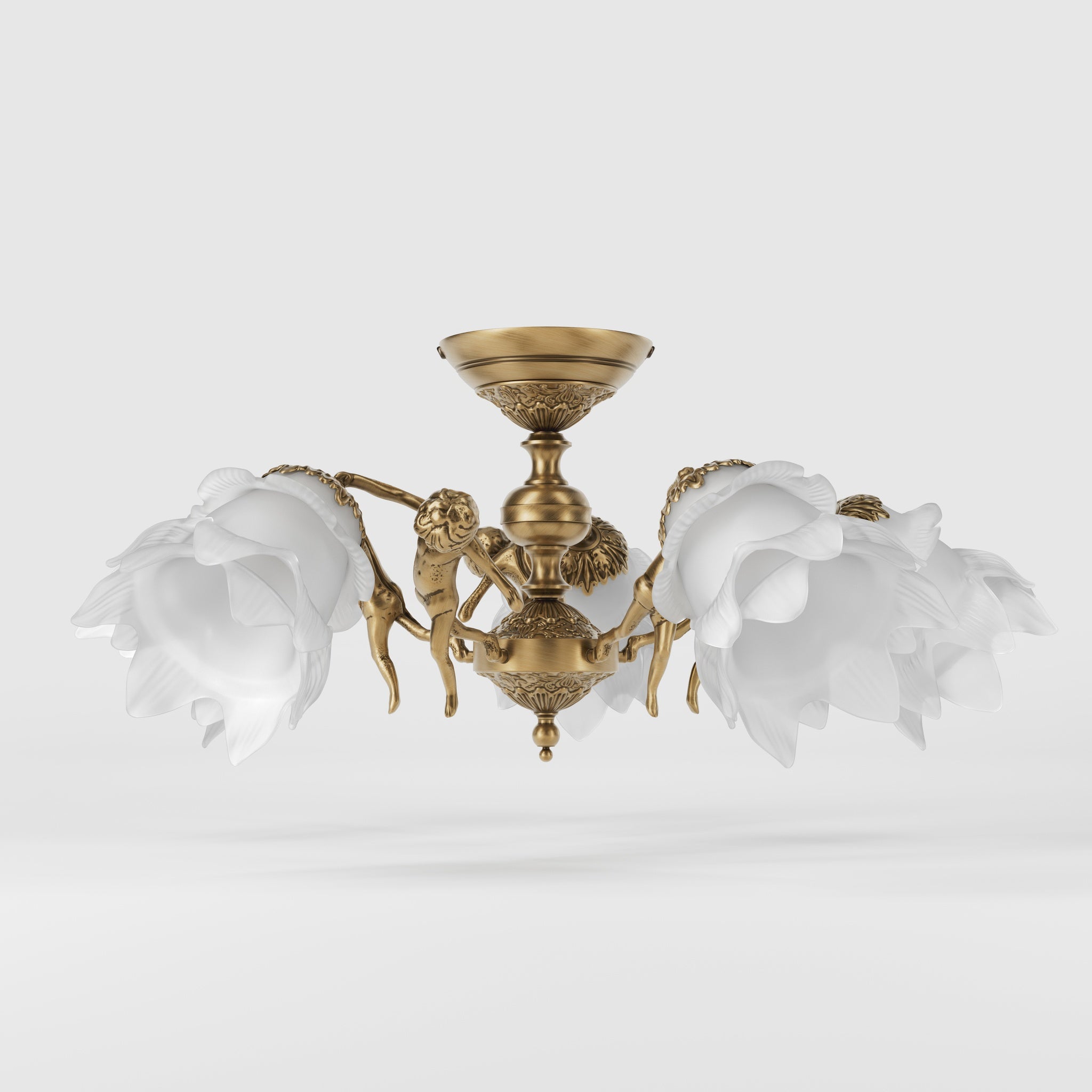 Classic ceiling lamp with brass putti and five petal-shaped frosted glass shades, rosette decorated with floral motifs by Ghidini 1849 - Finish: OBS Bronze Satin Brass