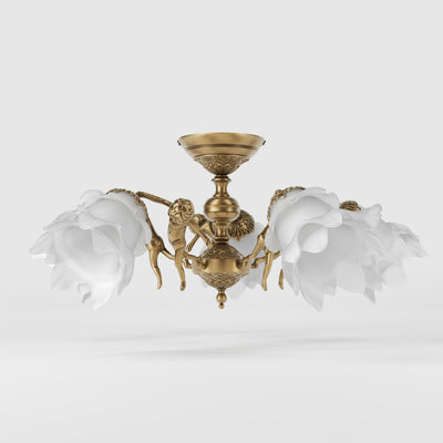 Classic ceiling lamp with brass putti and five petal-shaped frosted glass shades, rosette decorated with floral motifs by Ghidini 1849 - Finish: OBS Bronze Satin Brass
