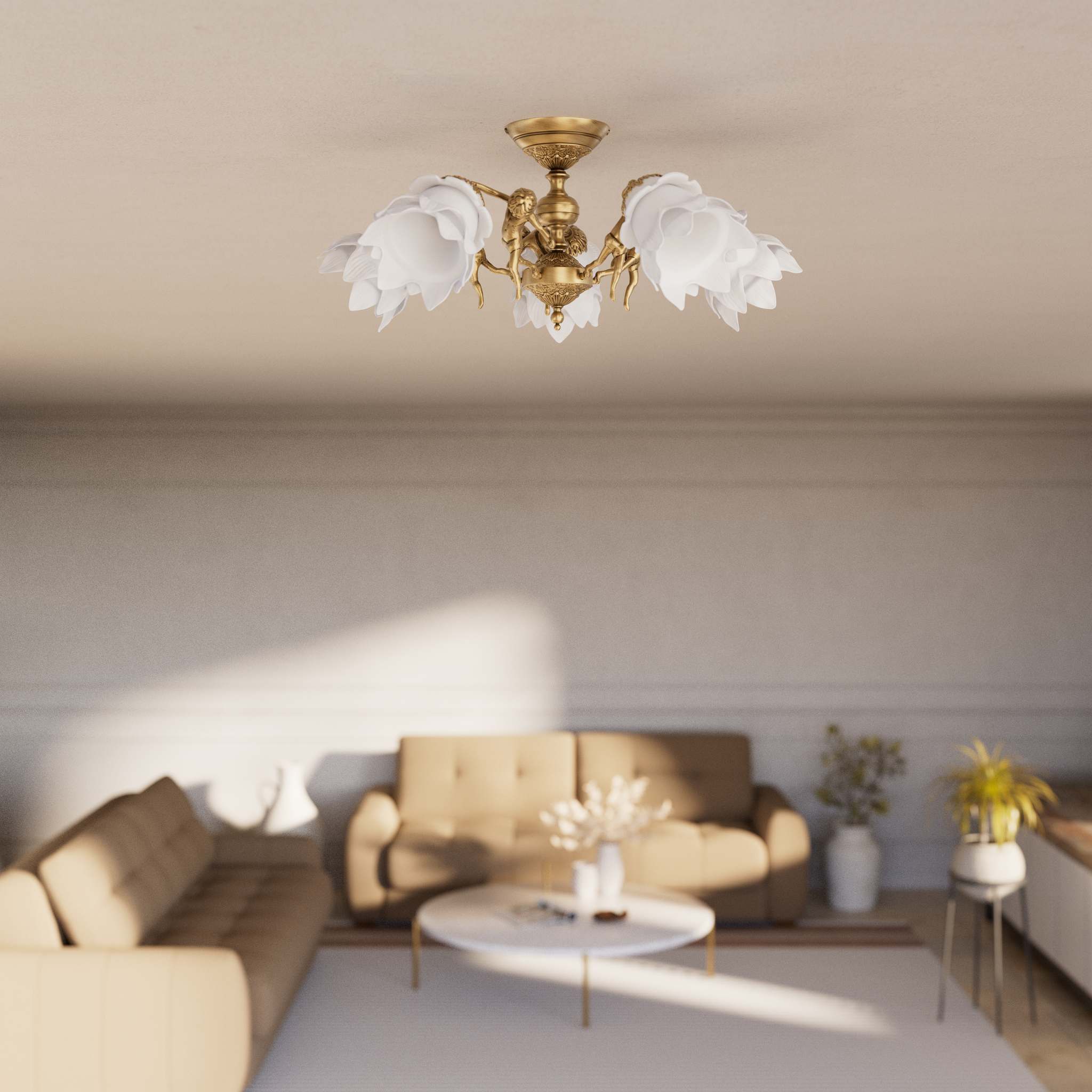 Classic ceiling lamp with brass putti and five petal-shaped frosted glass shades, rosette decorated with floral motifs by Ghidini 1849 - Finish: OBS Bronze Satin Brass