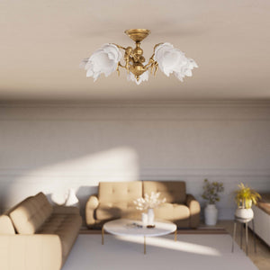Classic ceiling lamp with brass putti and five petal-shaped frosted glass shades, rosette decorated with floral motifs by Ghidini 1849 - Finish: OBS Bronze Satin Brass