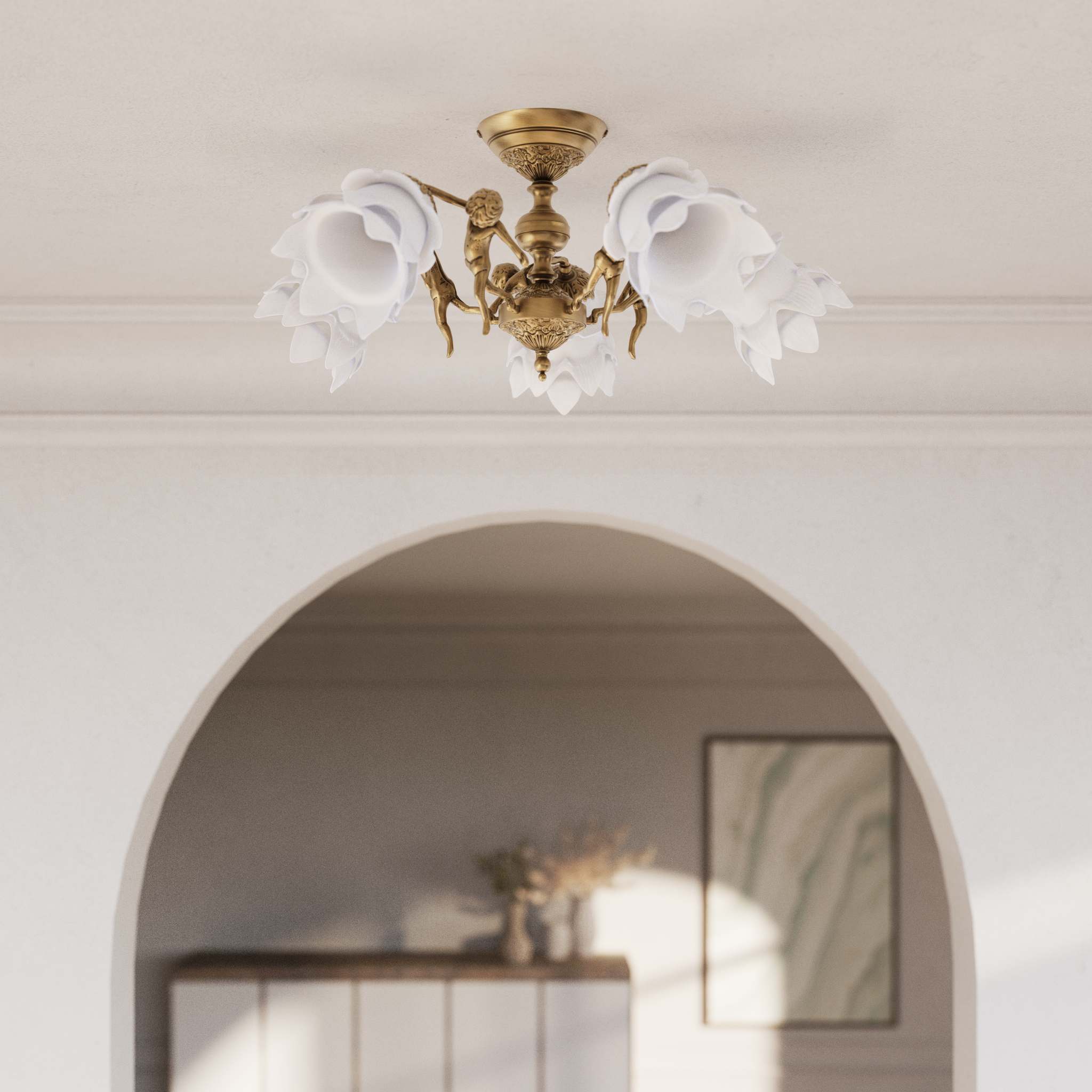 Classic ceiling lamp with brass putti and five petal-shaped frosted glass shades, rosette decorated with floral motifs by Ghidini 1849 - Finish: OBS Bronze Satin Brass