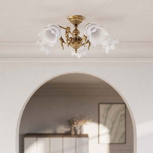 Classic ceiling lamp with brass putti and five petal-shaped frosted glass shades, rosette decorated with floral motifs by Ghidini 1849 - Finish: OBS Bronze Satin Brass