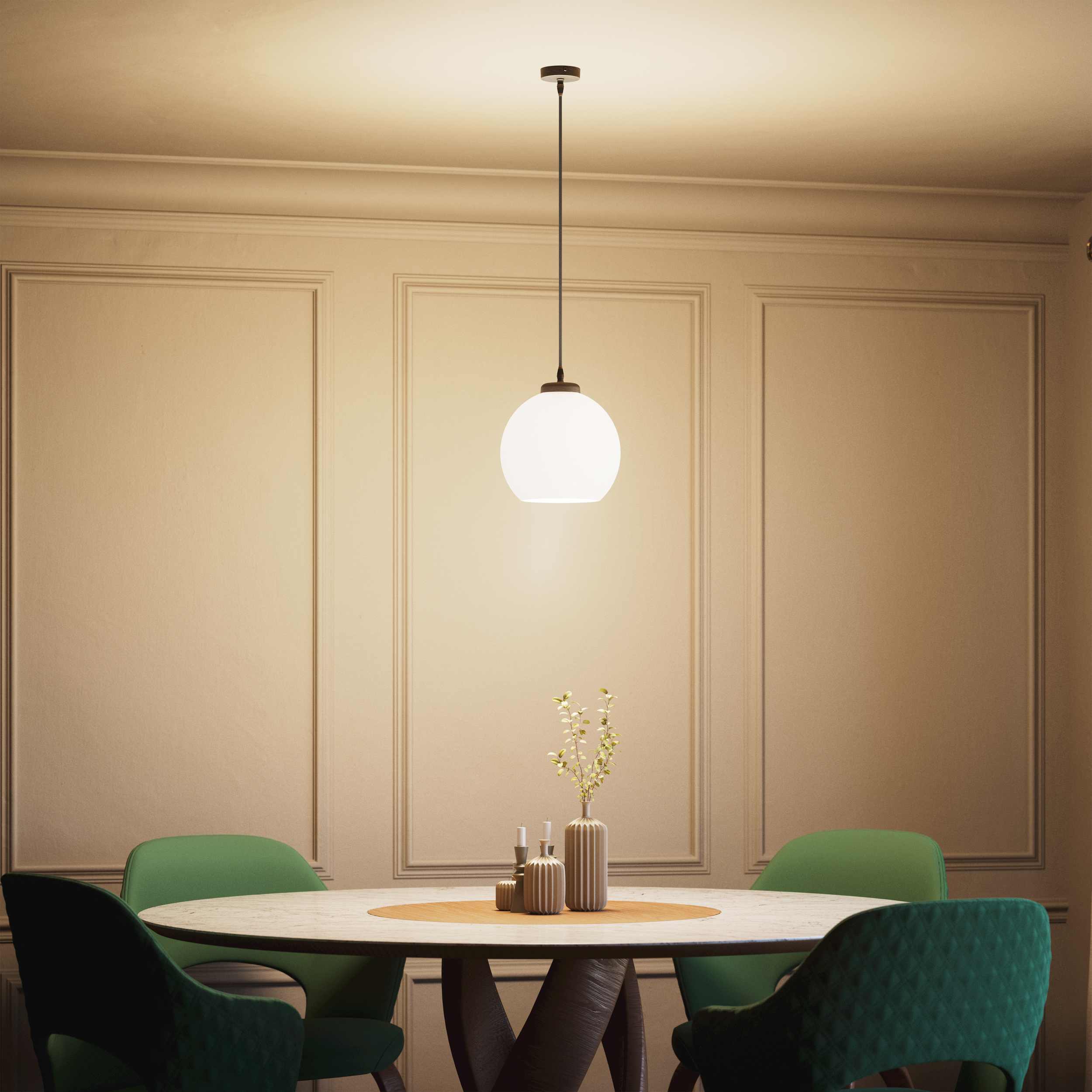 Pendant lamp with opal glass globe, diffused lighting and contemporary design for stylish interiors - Finish: OBM Bronze Satin Matt Brass