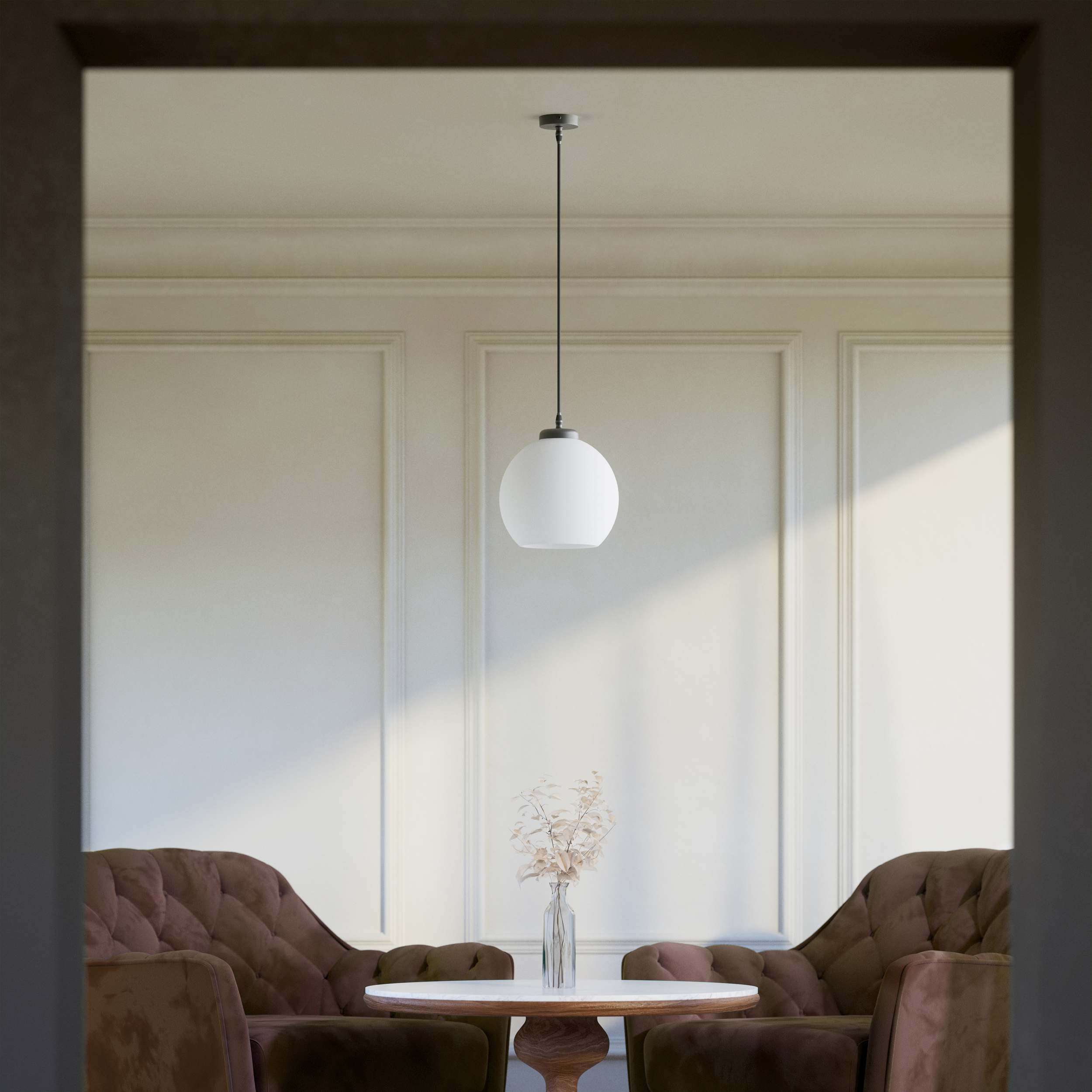 Pendant lamp with opal glass globe, diffused lighting and contemporary design for stylish interiors - Finish: OBR Dark Bronze