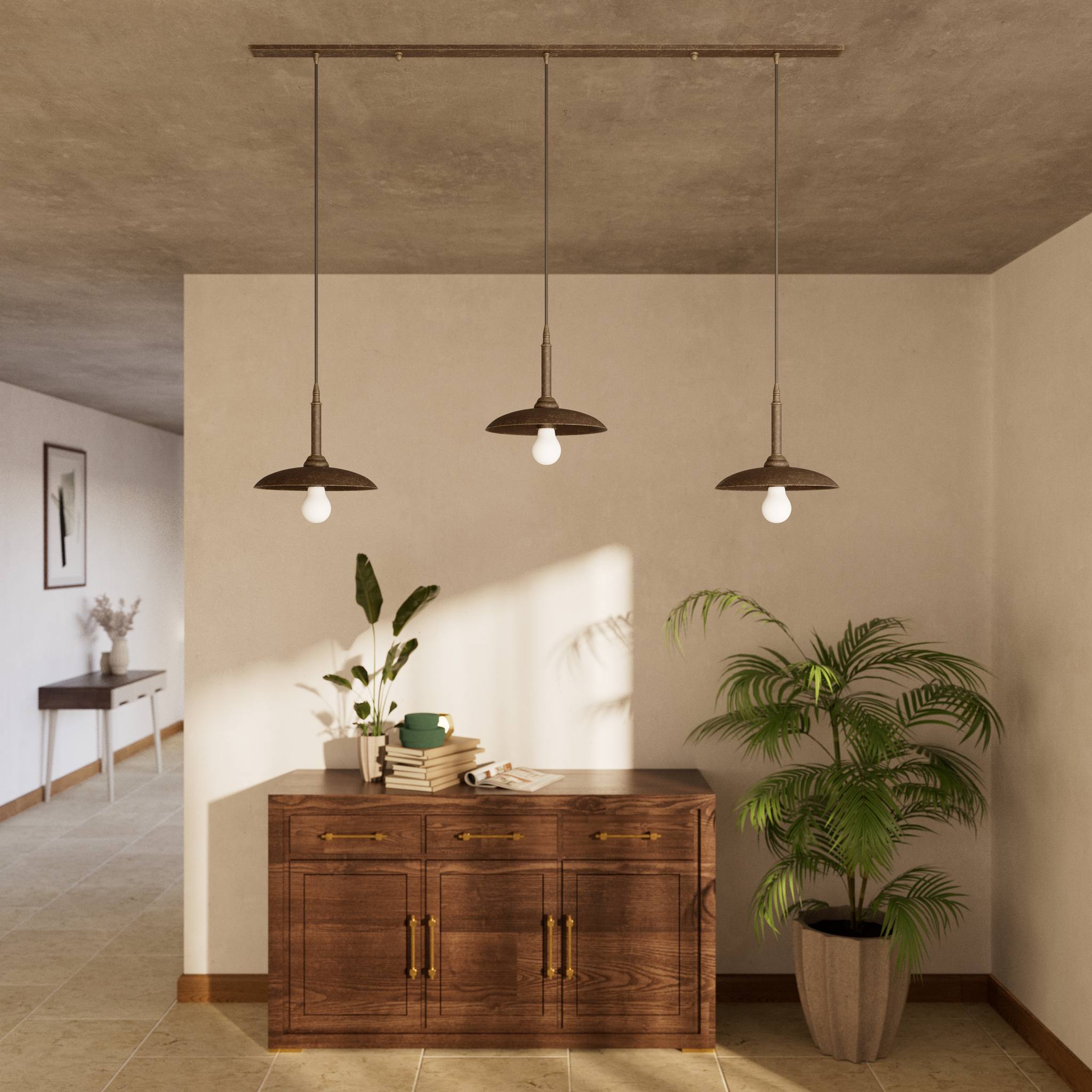 Brass pendant lamp with three light points, vintage and contemporary style, ideal for sophisticated interiors by Ghidini 1849 - Finish: OAS Antique Brass
